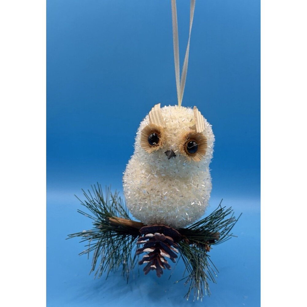 2015 White Snowy Owl Christmas Ornament Glitter Pinecone Branch Woodland Decor